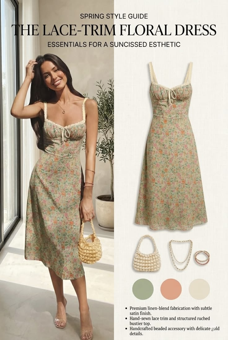 Sage green lace-trim floral slip dress paired with fine gold chain jewelry and cream accessories