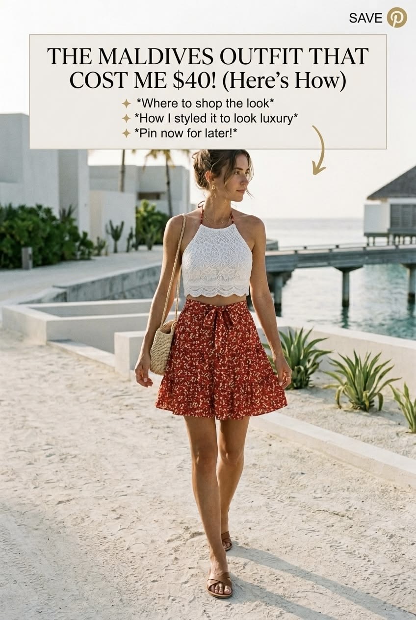Tiered red floral print maxi skirt tied at the waist, styled with a white lace halter top and flat brown sandals for resort wear.