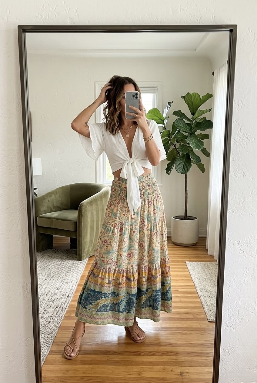 Bohemian mixed-print tiered maxi skirt balanced with a lightweight white front-tie blouse for a relaxed summer outfit.