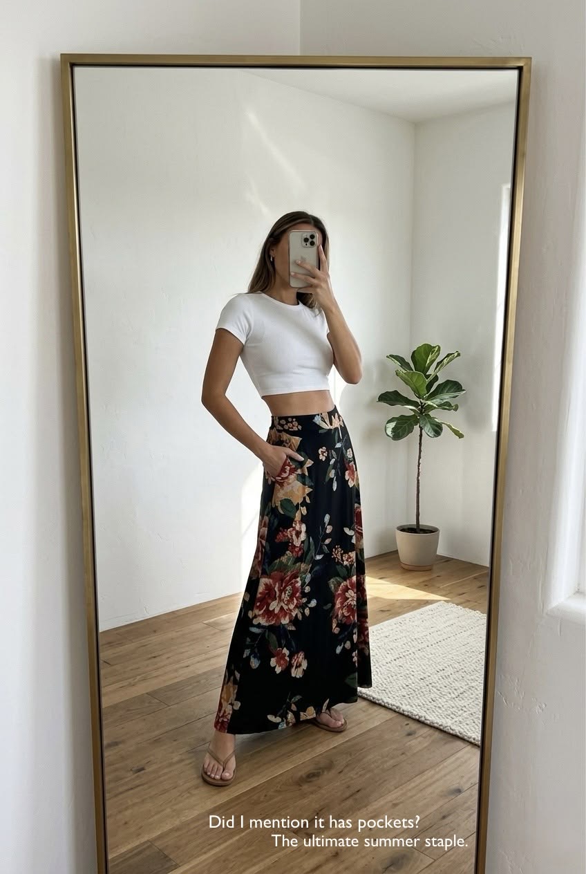 Dark black-based botanical floral print maxi skirt styled with a simple white baby tee for an effortless weekend transition look.