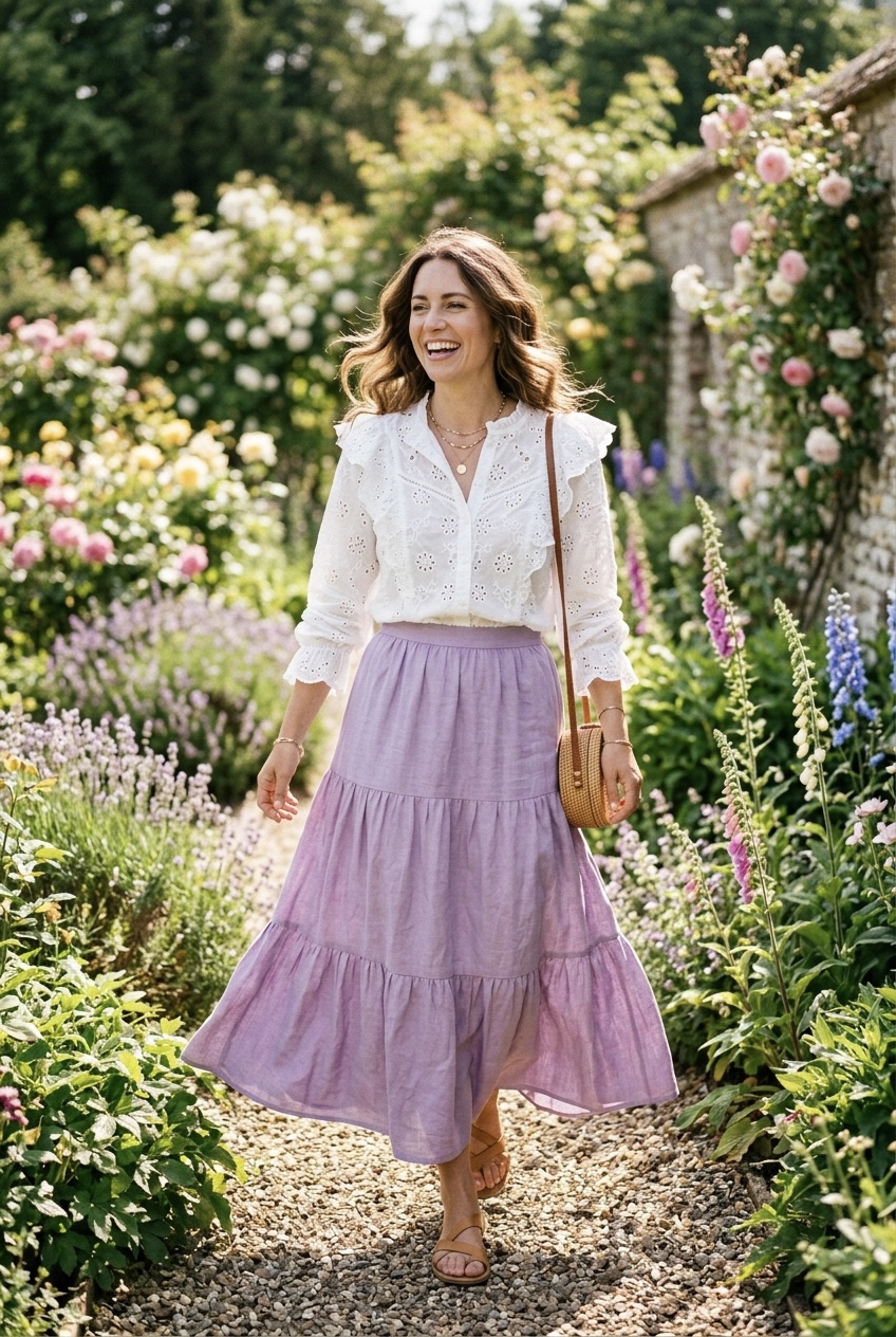 Soft lavender tiered linen maxi skirt styled with a tucked-in white eyelet button-down blouse and wicker handbag for a romantic summer aesthetic.