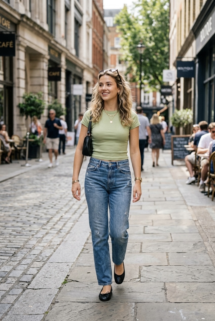 Vintage-wash straight-leg jeans styled with a pistachio green baby tee and black ballet flats for an effortless summer outfit.