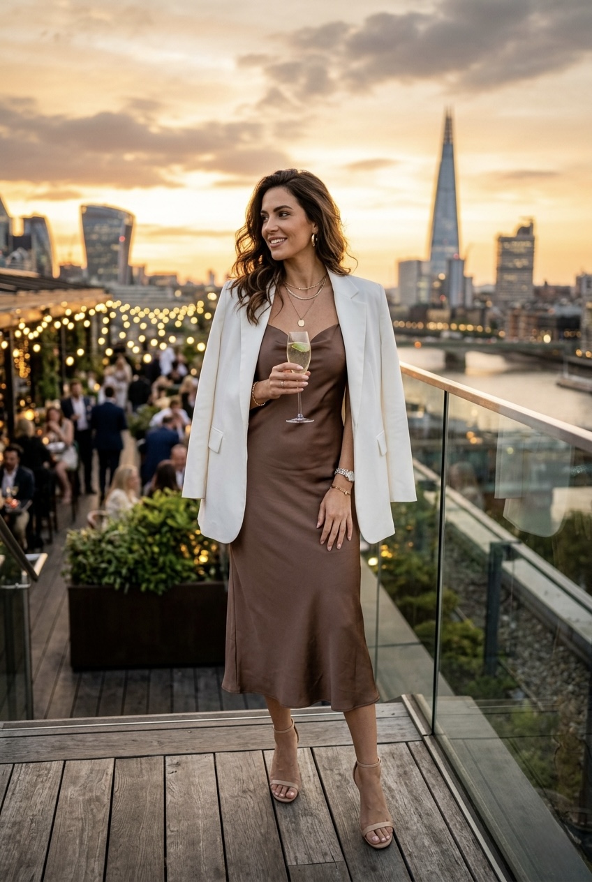Mocha brown midi slip dress styled with an oversized white blazer draped over the shoulders and minimal strappy heels.