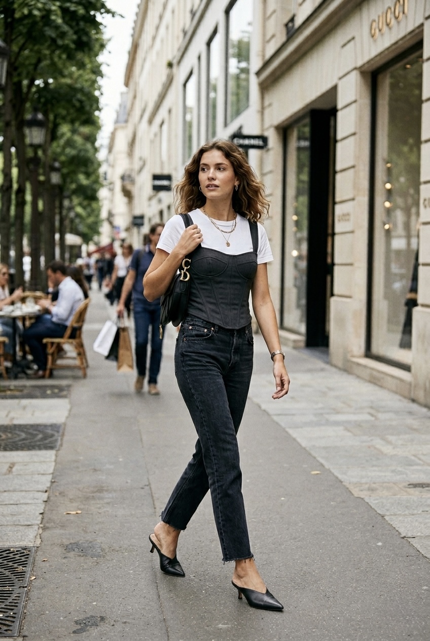 Dark wash denim jeans paired with a structured square-neck tank top and kitten heel mules for a stylish city walking outfit.