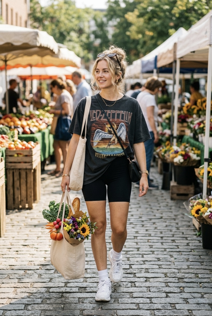 Black biker shorts paired with an oversized graphic t-shirt, dad sneakers, and a canvas tote bag for weekend errands.