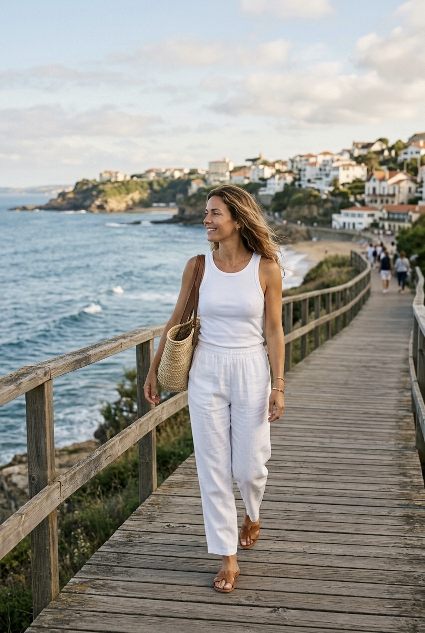Breezy white linen pull-on pants styled with a simple white ribbed tank top and slide sandals for a relaxed coastal aesthetic.