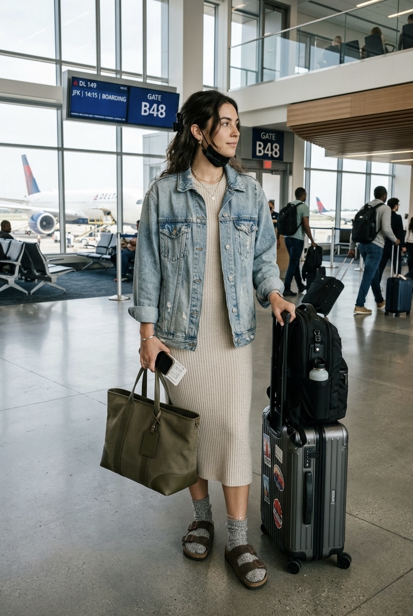 Soft ribbed knit midi dress layered with an oversized denim jacket and comfortable padded slide sandals for travel.