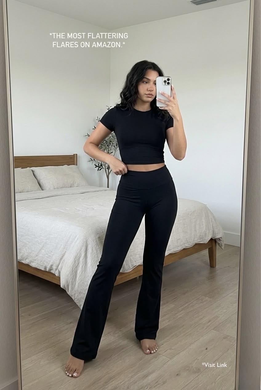 Black yoga flare leggings worn with an oversized lightweight cashmere crewneck sweater and sneakers for a cozy summer outfit.