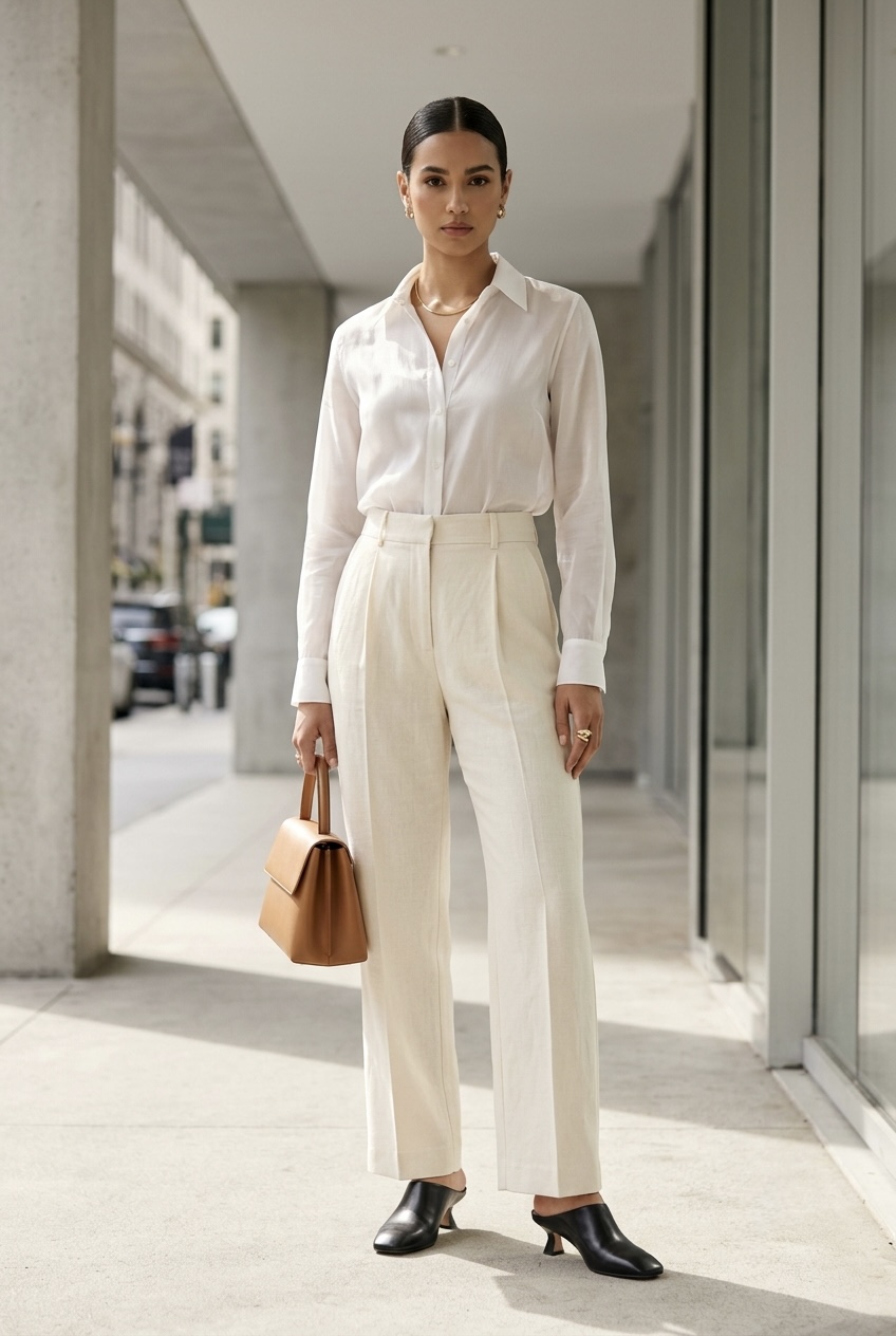 Sheer white organza button-down shirt layered over a seamless skin-tone camisole and tucked into tailored office trousers for a cool summer workwear outfit.