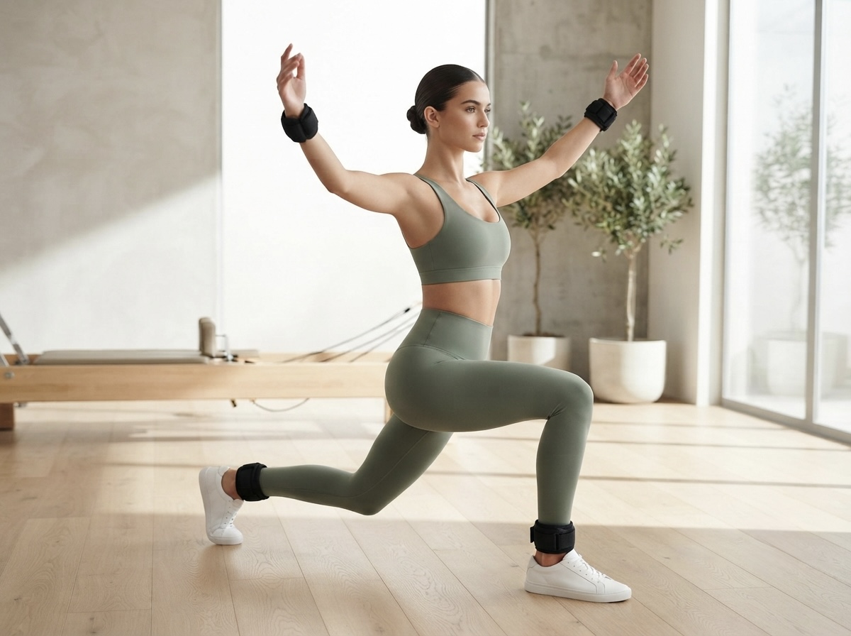 Woman performing a controlled low-impact Pilates core exercise on a mat in a bright, natural-light studio.
