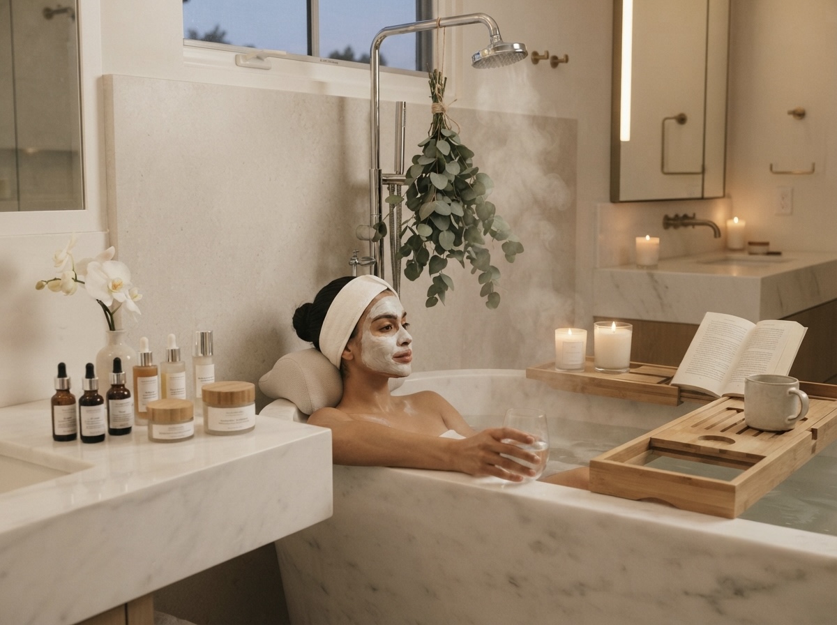 Woman enjoying a restorative Sunday evening pampering routine in a cozy lit living room.