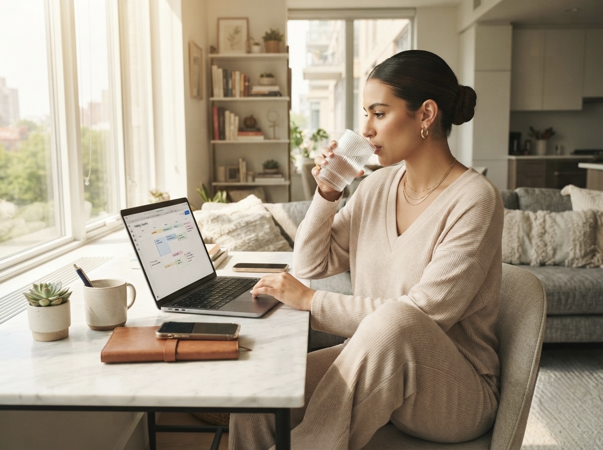 Woman writing in a weekly daily planner on a clean, sunlit desk during a Sunday morning organizational reset.