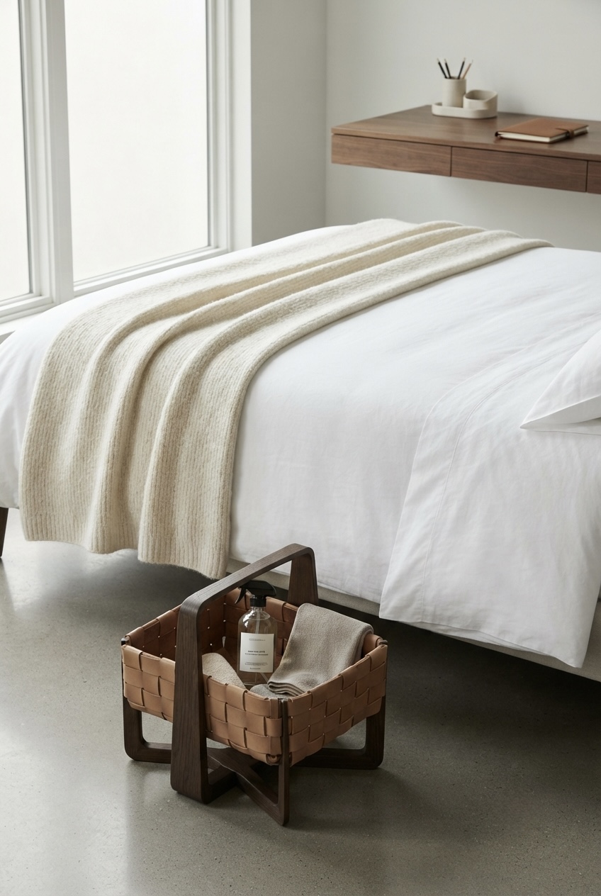 Crisp white bedroom with freshly changed bed sheets and an organized bedside table for a clutter-free physical space.