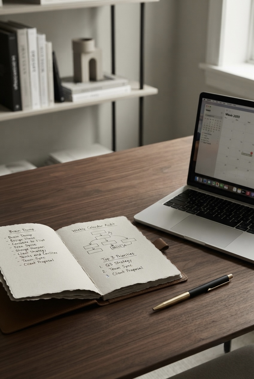 Close-up of a high achiever auditing a weekly digital calendar and writing down top goals to prevent Monday morning anxiety.