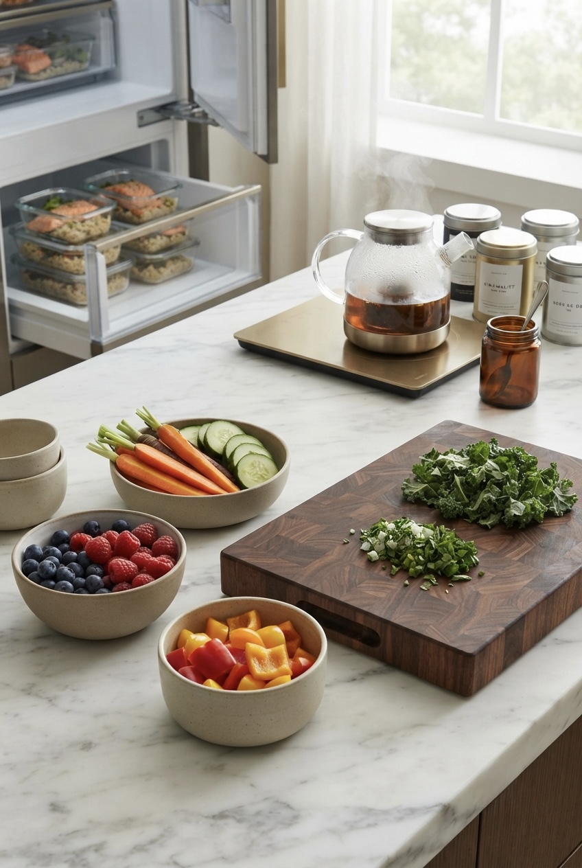 Glass refrigerator shelves organized with pre-chopped fresh produce, hydrating beverages, and healthy grab-and-go snacks.