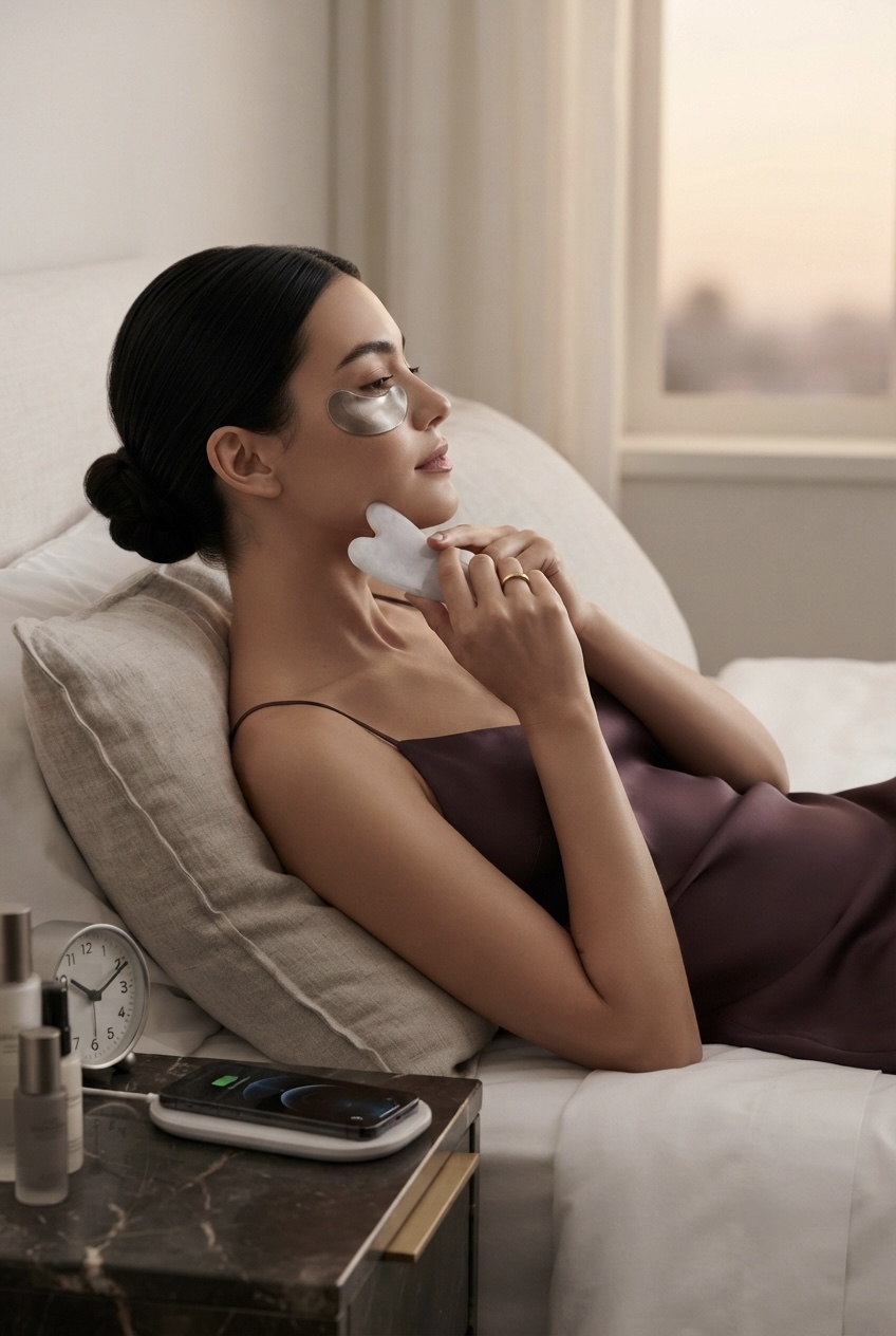 Woman wearing a comfortable seamless knit loungewear set sipping chamomile tea and reading a book before bed.