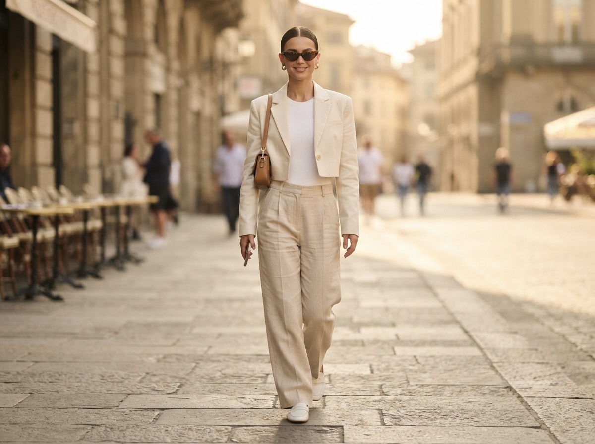 Woman dressed in chic, breathable summer office workwear checking her phone while walking downtown.