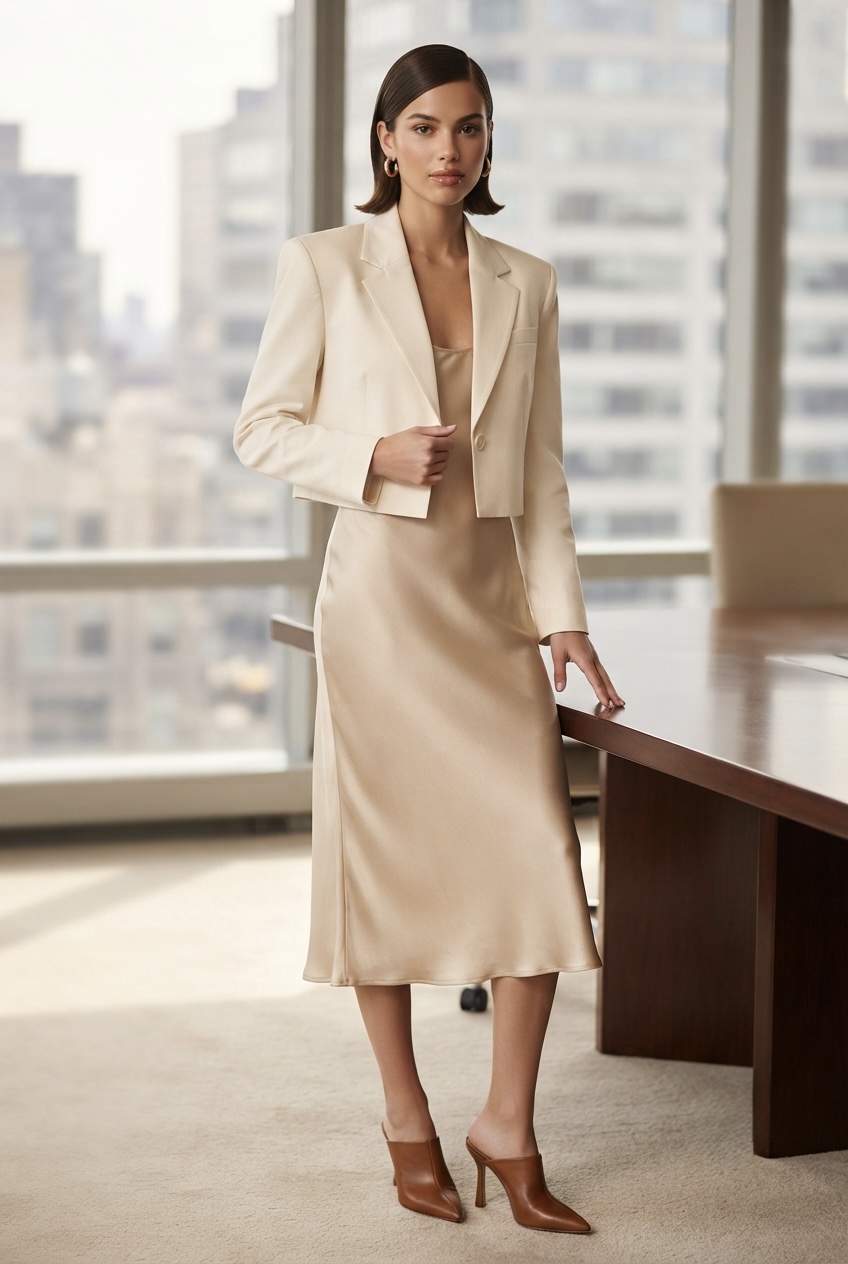 Breezy sage green satin slip dress layered under a structured lightweight cropped cotton blazer with closed-toe leather mules.