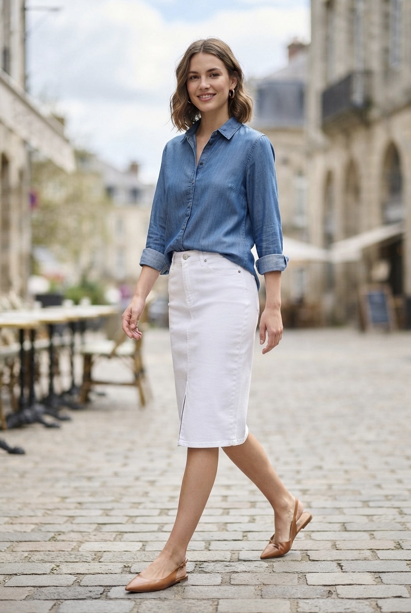 Lightweight blue chambray button-down shirt tucked into a crisp white denim midi skirt with leather slingback flats.