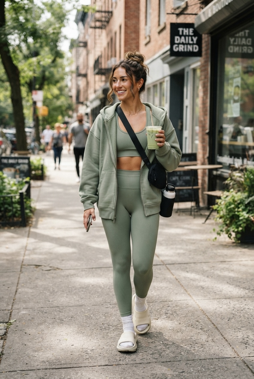 Matching sage green workout set worn with an oversized cozy zip-up hoodie and recovery slide sandals after a Pilates class.