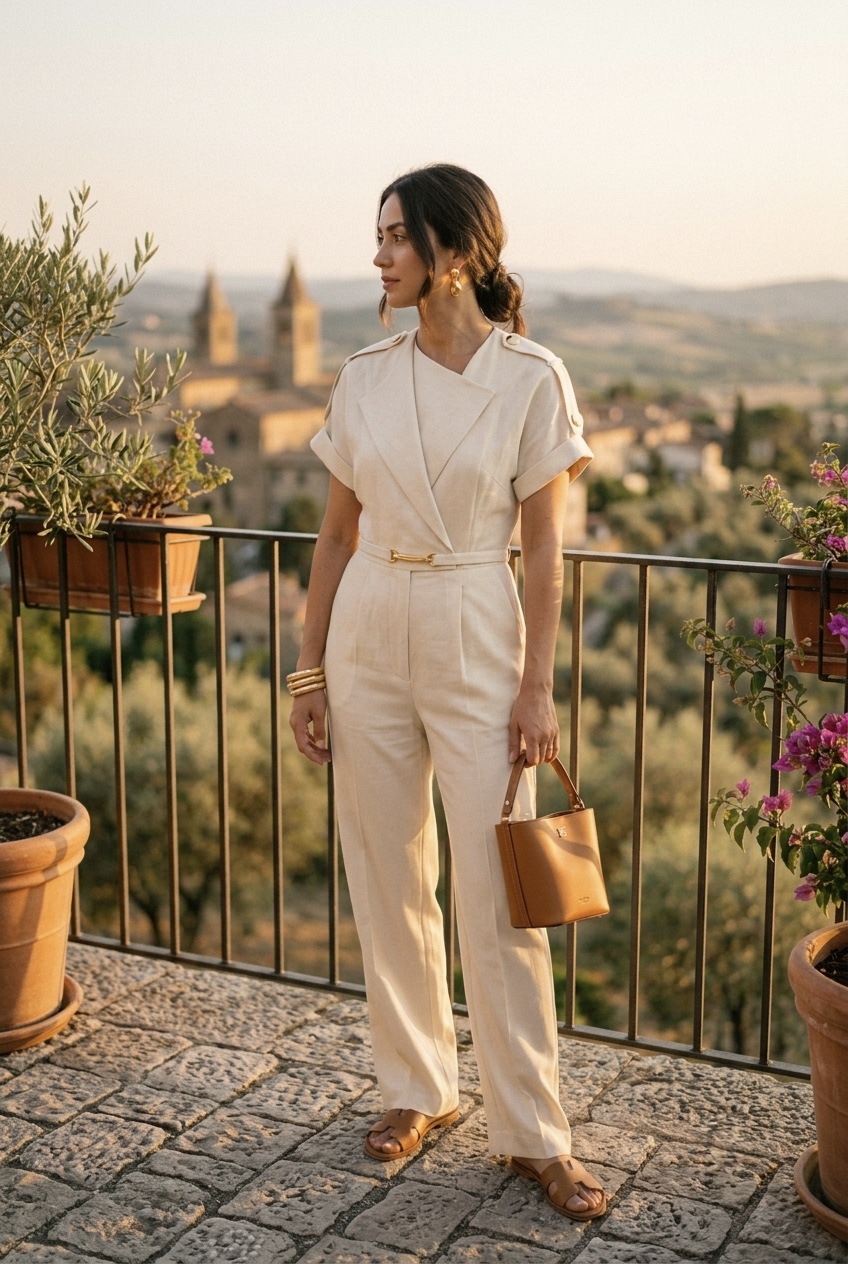 Unbuttoned oversized white linen shirt worn over a ribbed cotton camisole and flowy beige linen drawstring pants at the beach.