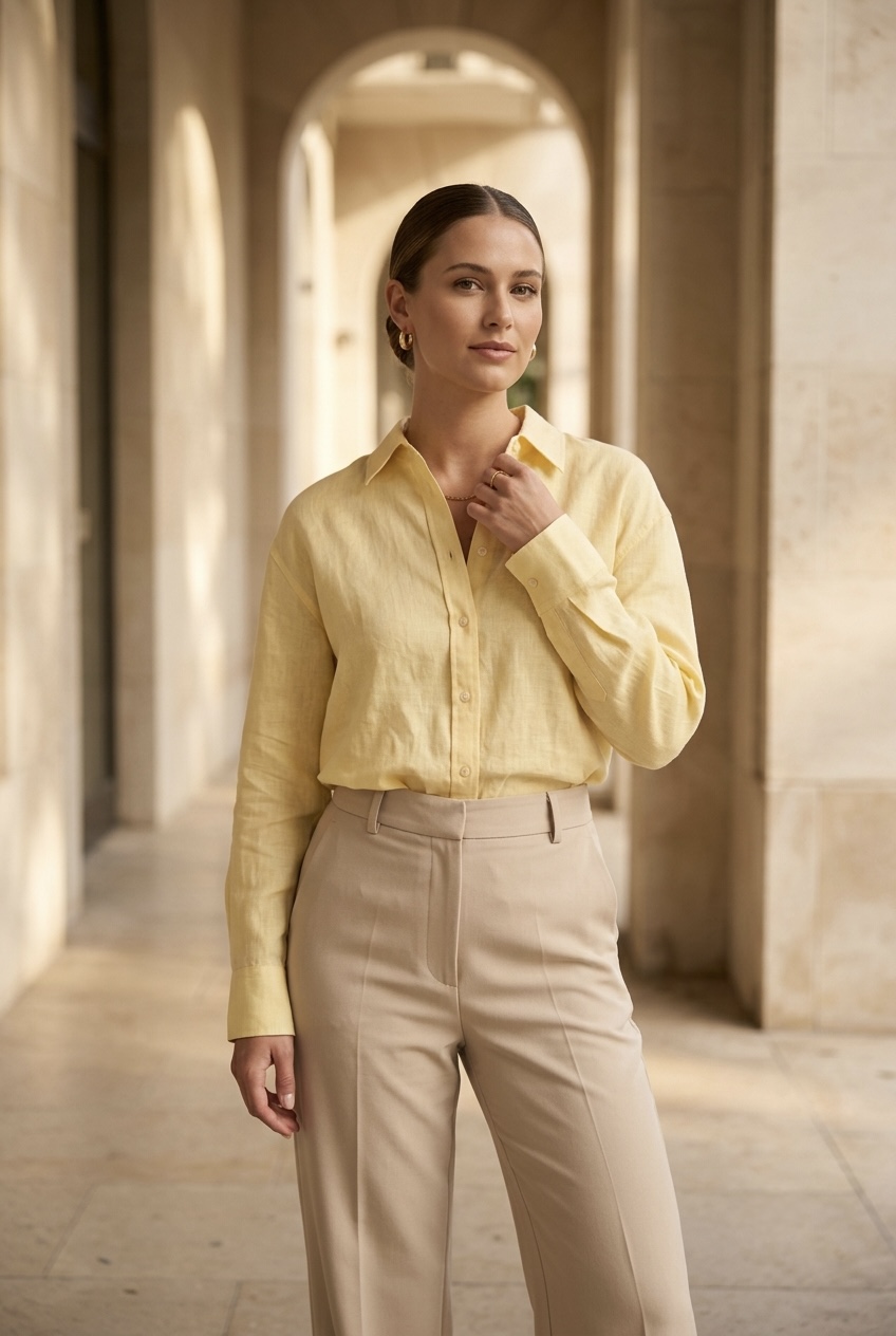 Woman wearing a soft butter yellow short-sleeve silk button-down shirt paired with tailored beige trousers for an elegant summer office outfit.