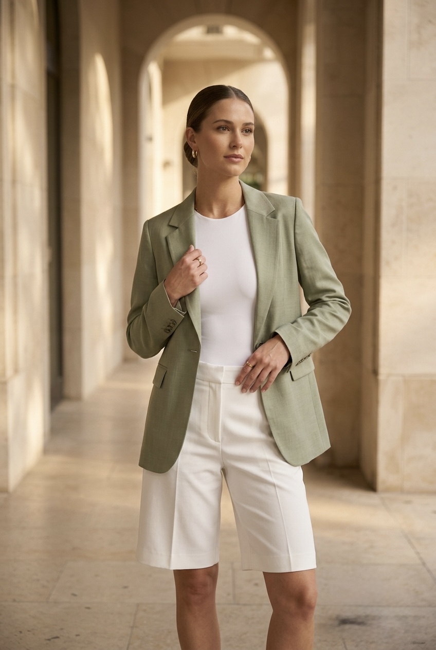Woman wearing a lightweight sage green blazer over a white bodysuit and Bermuda shorts for a refreshing clean girl summer look.