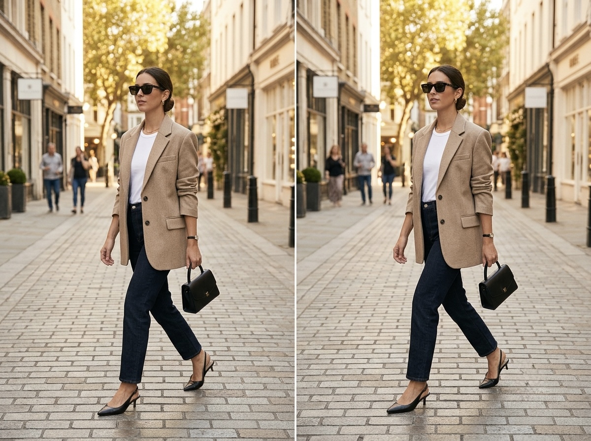 Woman wearing a polished quiet luxury office outfit walking through a modern corporate office building.