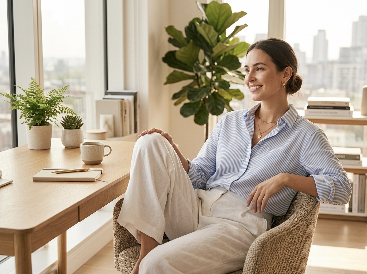 Woman transitioning from professional corporate workwear to relaxed weekend downtime in an effortless neutral tonal outfit.