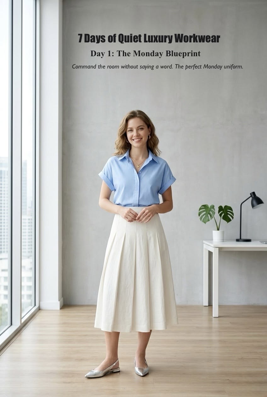 Woman wearing a short-sleeve pastel blue button-up shirt tucked into a cream high-waisted pleated midi skirt with metallic silver slingback flats.