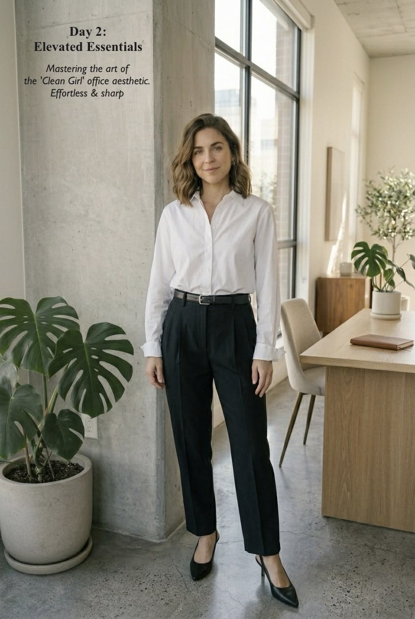 Classic long-sleeve white button-down shirt paired with tailored high-waisted black trousers and pointed low-heel slingbacks for an elevated office look.