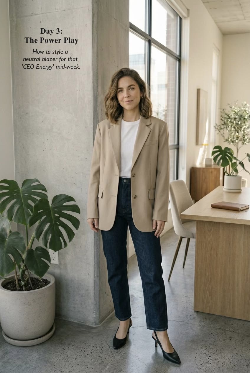 Oversized structured neutral tan blazer worn over a crisp white crewneck t-shirt and dark-wash straight-leg jeans for executive workwear styling.