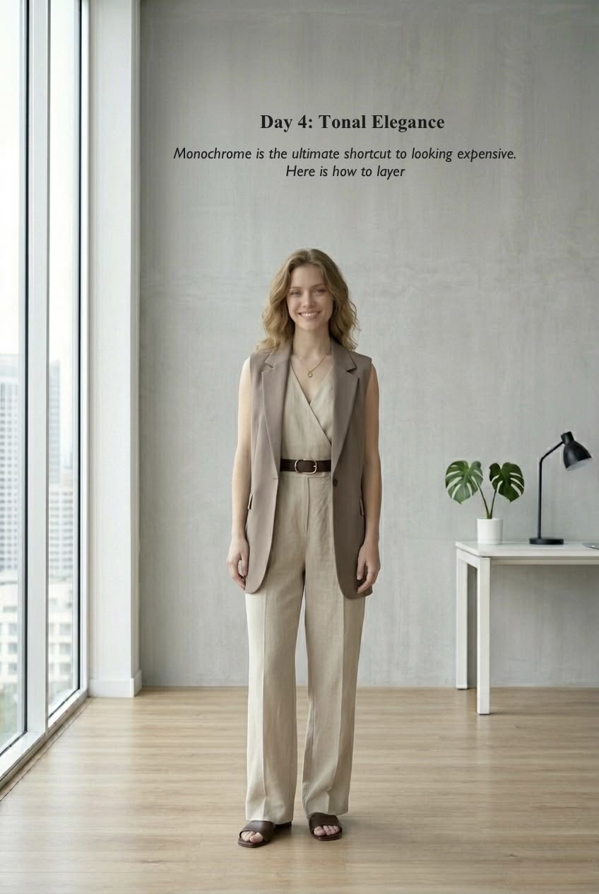 Sleeveless longline neutral cream vest paired with a tailored V-neck jumpsuit and an espresso brown leather belt for monochrome office styling.