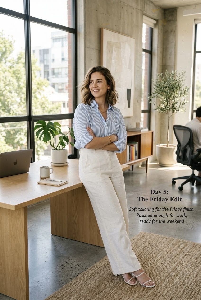 Light blue and white pinstripe button-down shirt styled with relaxed wide-leg white linen trousers and low-heel sandals for casual Friday workwear.