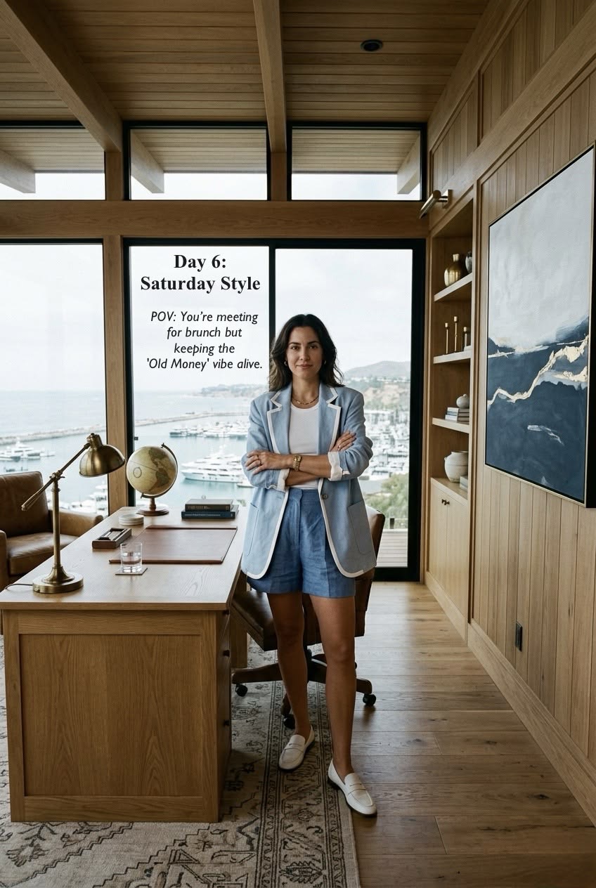 Preppy light blue blazer featuring high-contrast white piping, styled with tailored blue linen shorts and white leather loafers for weekend brunch.