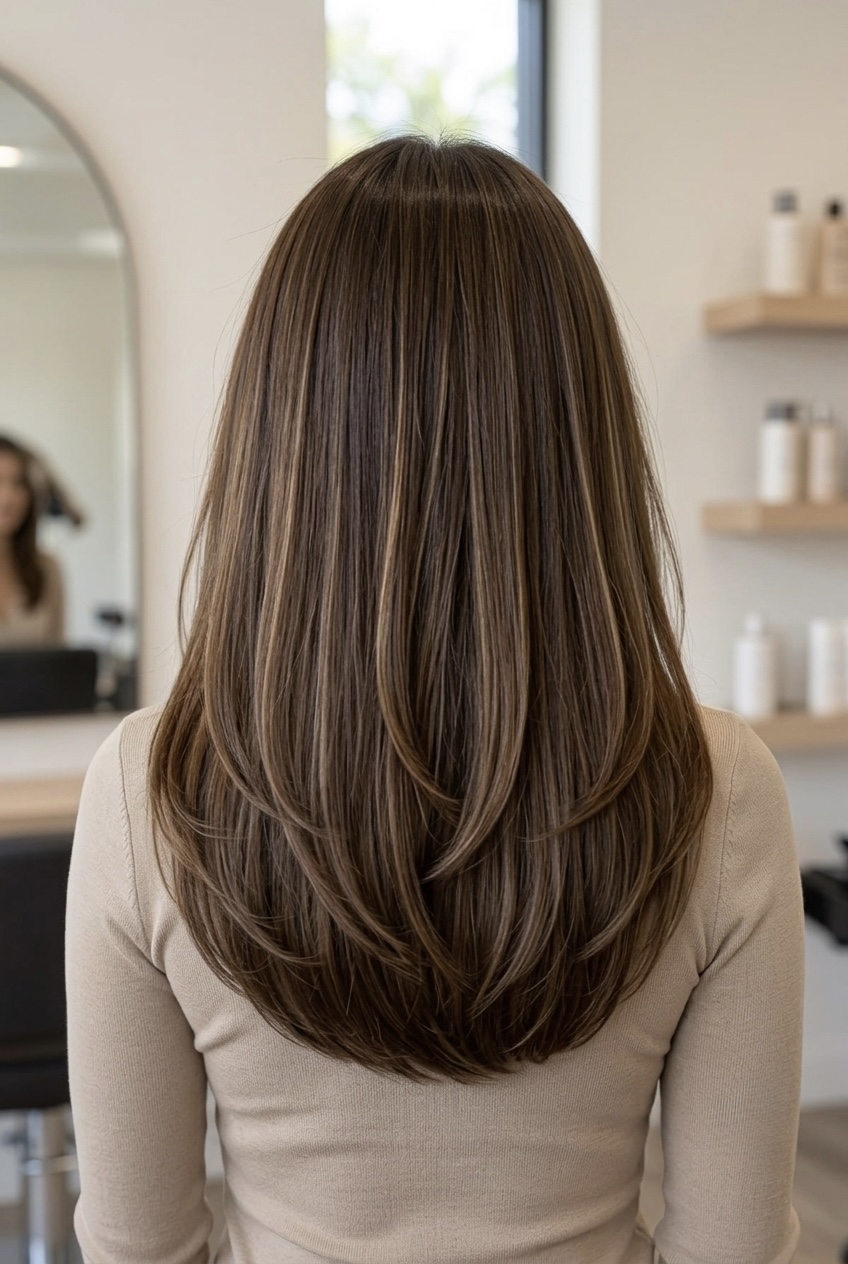 Back view of long healthy hair cut into a soft U-shape perimeter with blended weight distribution.