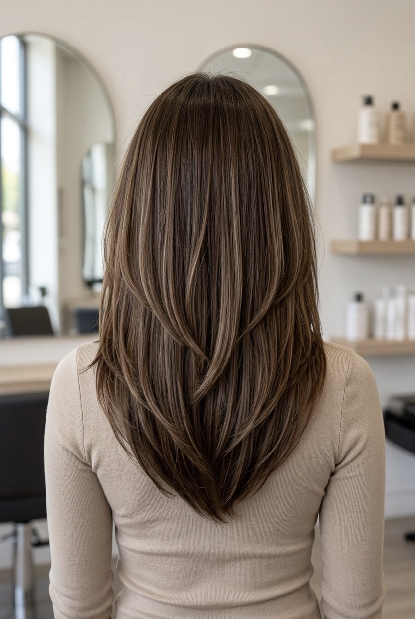 Back view of thick hair cut at a steep angle tapering into a clean V-shape point at the center back.