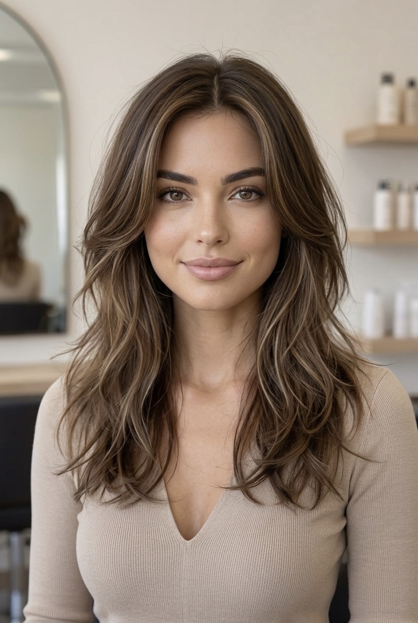 Woman with weightless Korean layers featuring internal texturizing and a smooth, high-shine glass hair finish.