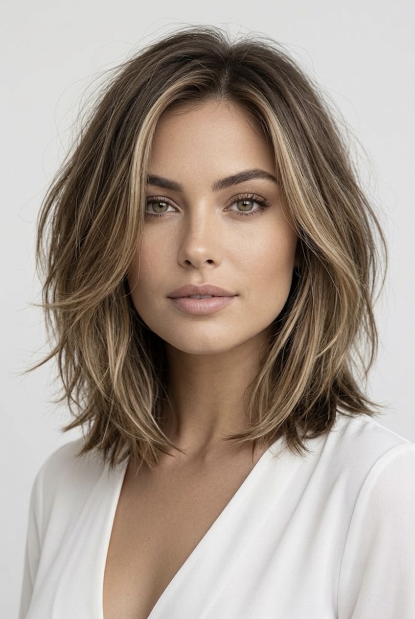 Woman with a round face wearing a collarbone-skimming layered long bob (lob) that visually elongates the neck and jawline.