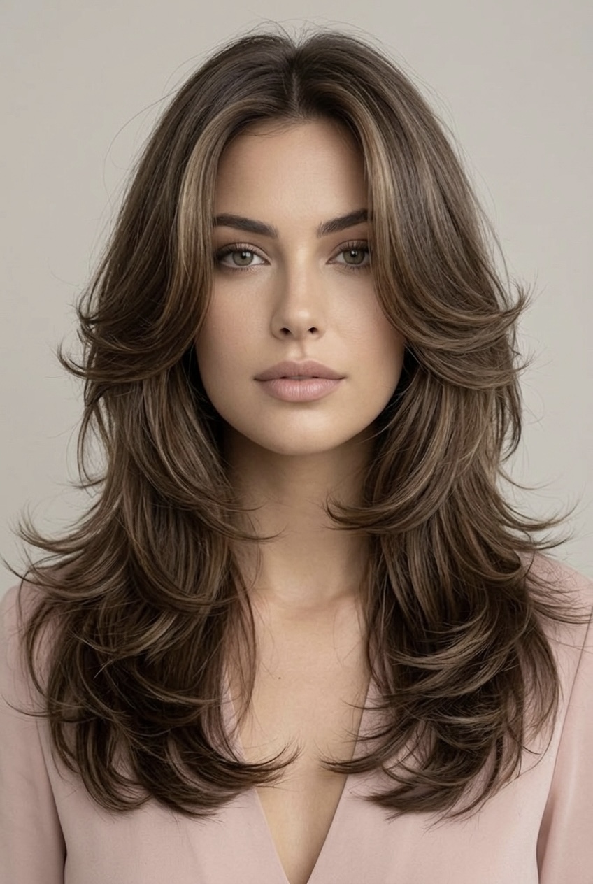 Woman with voluminous butterfly layers featuring shorter crown tiers and face-framing pieces to slim a round facial structure.