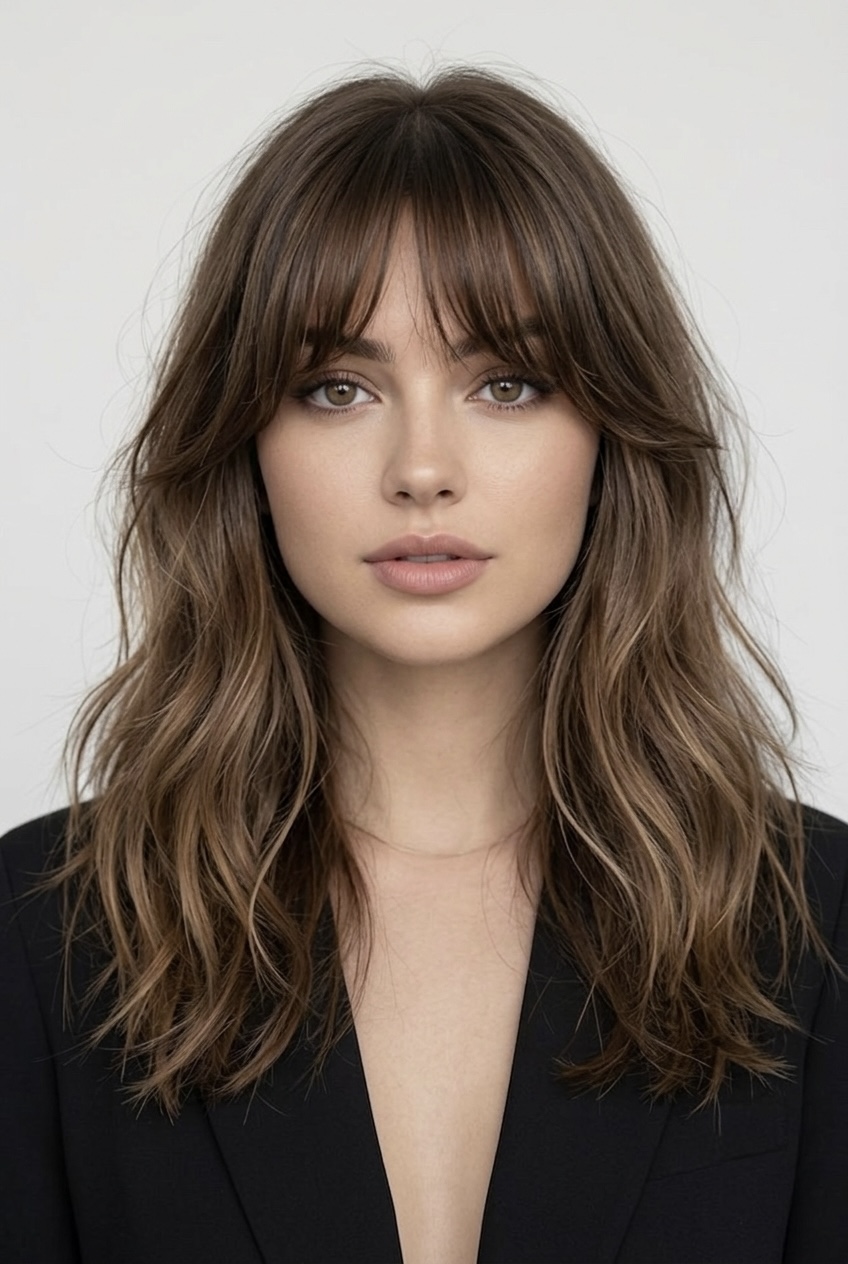Soft, center-parted curtain bangs sweeping outward and tapering at the jawline to create an elongating diamond-shaped frame.
