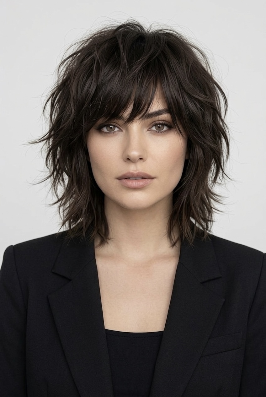 Choppy, modern shag haircut with a defined crown layer that lifts the visual focus upward toward the eyes and cheekbones.