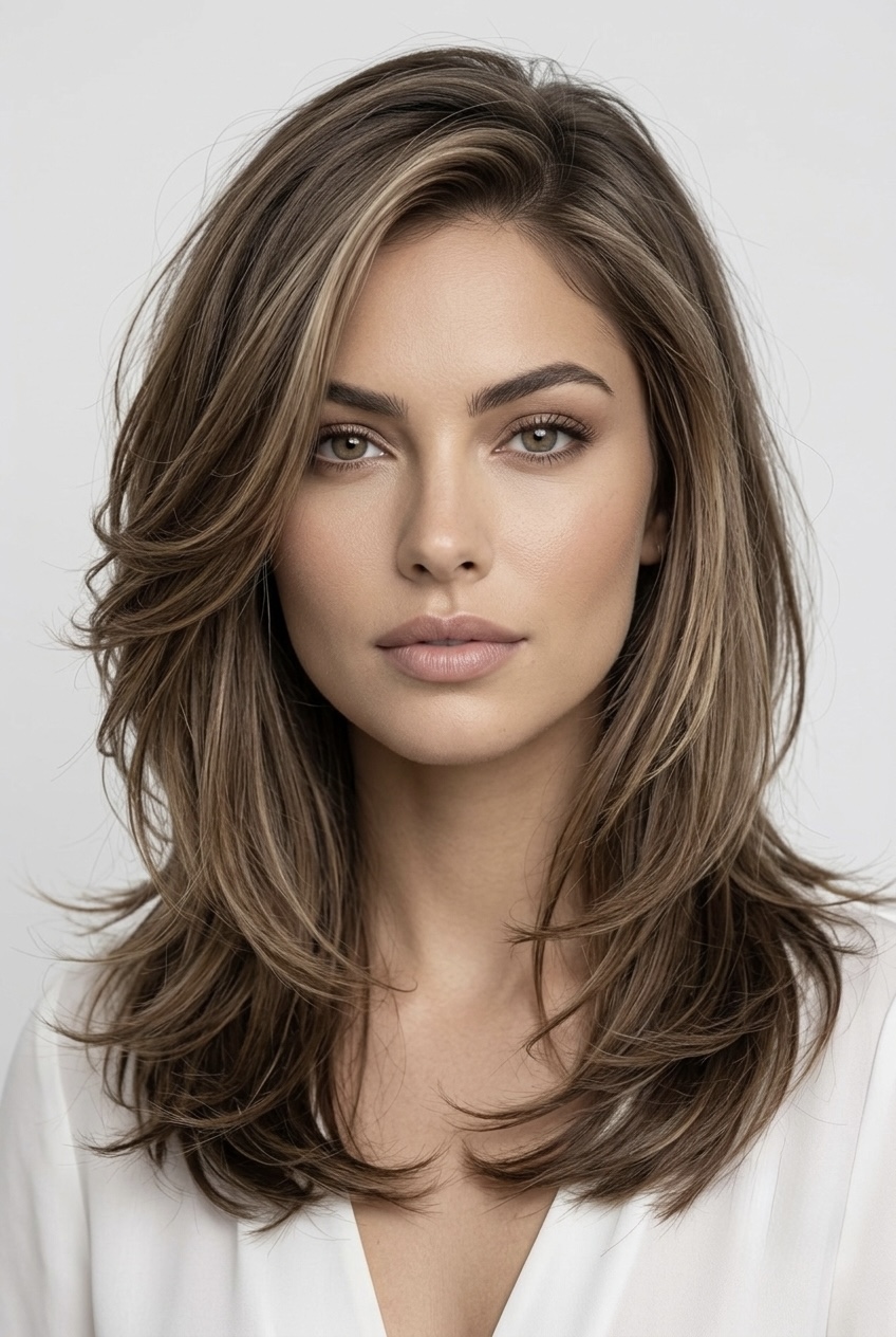 Deep side-parted hairstyle with cascading layers sweeping across one side to soften and contour round facial aesthetics.