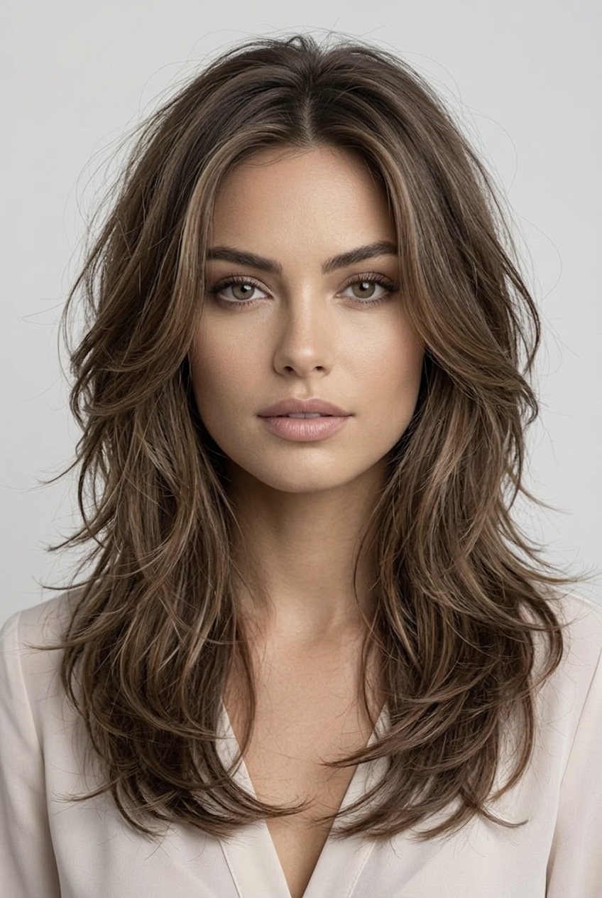 Long, healthy brown hair cut with dynamic internal layers that add movement without weighing down round facial features.