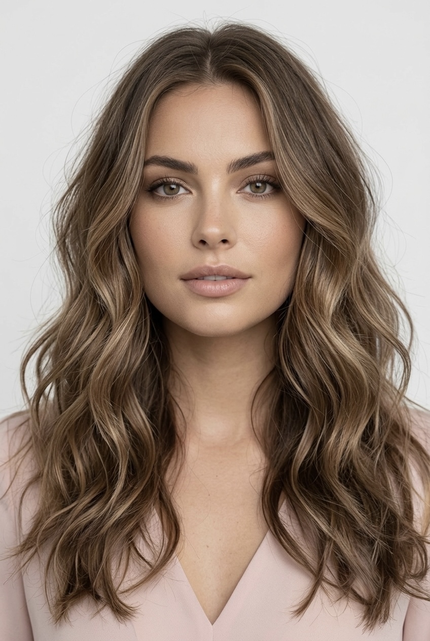 Relaxed, loose cascading waves diffusing around the perimeter of a round face shape to soften harsh lines and add balance.