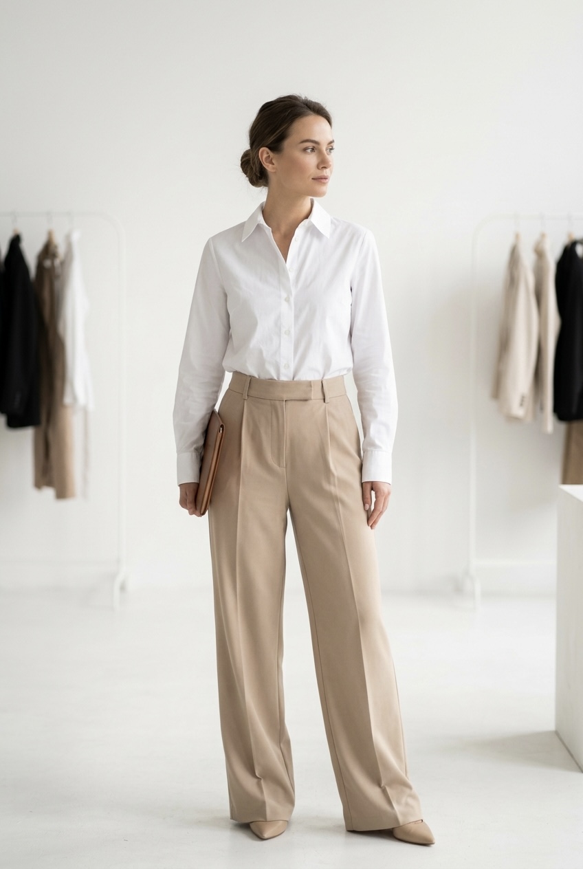 Flat lay of core minimalist capsule wardrobe essentials including a white shirt, beige trousers, and a structured blazer.