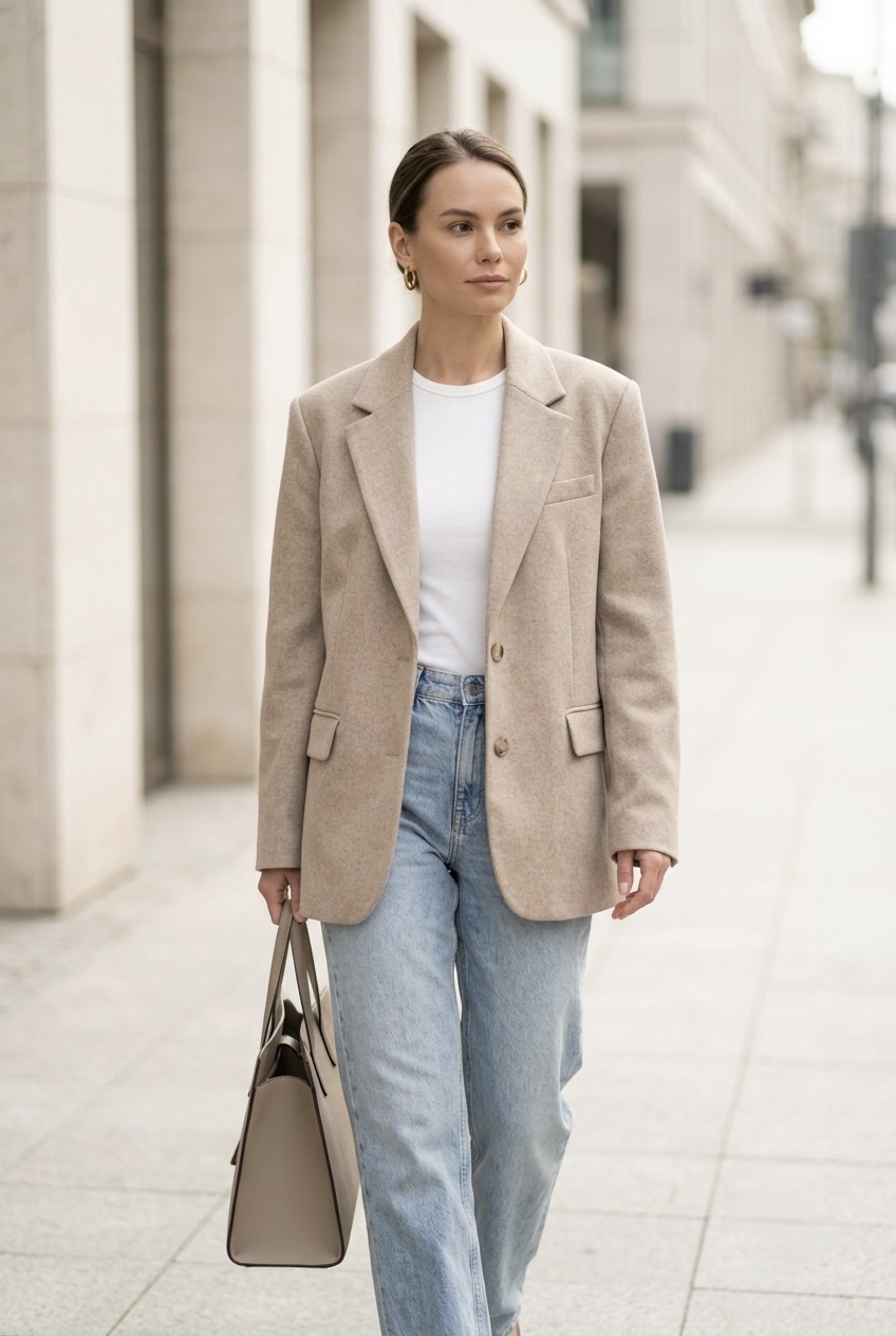 Woman wearing comfortable mid-rise relaxed straight-leg denim jeans paired with white sneakers for effortless weekend street style.