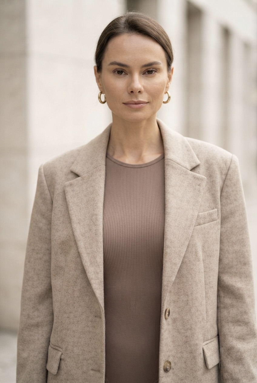 High-waisted wide-leg beige tailored trousers styled with a minimalist leather belt and low-heel mules for a powerful office silhouette.