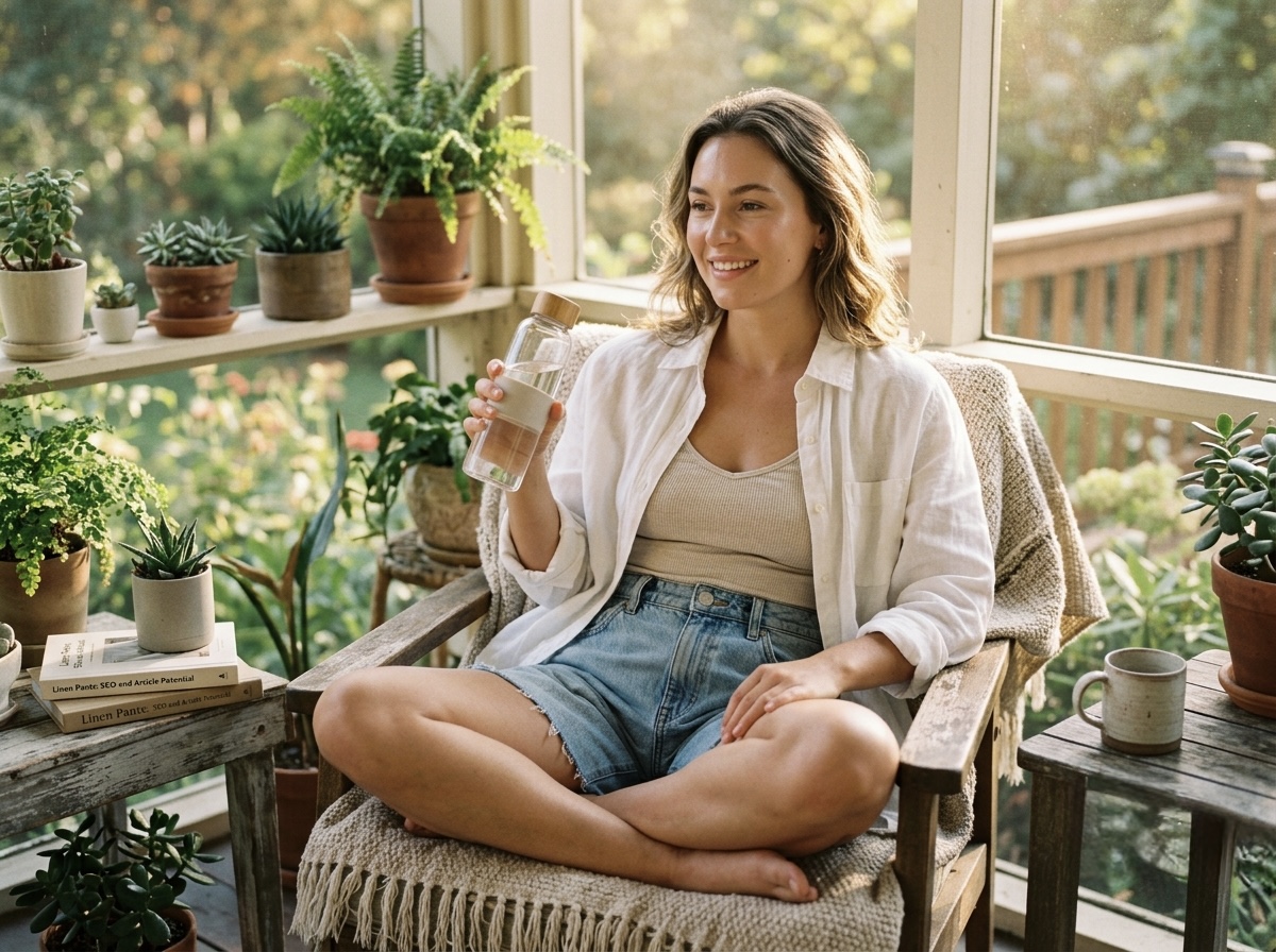 Split image of a woman walking in the city wearing a crisp white button-down and neutral trousers, and a woman relaxing at a cafe in a ribbed tank and denim.