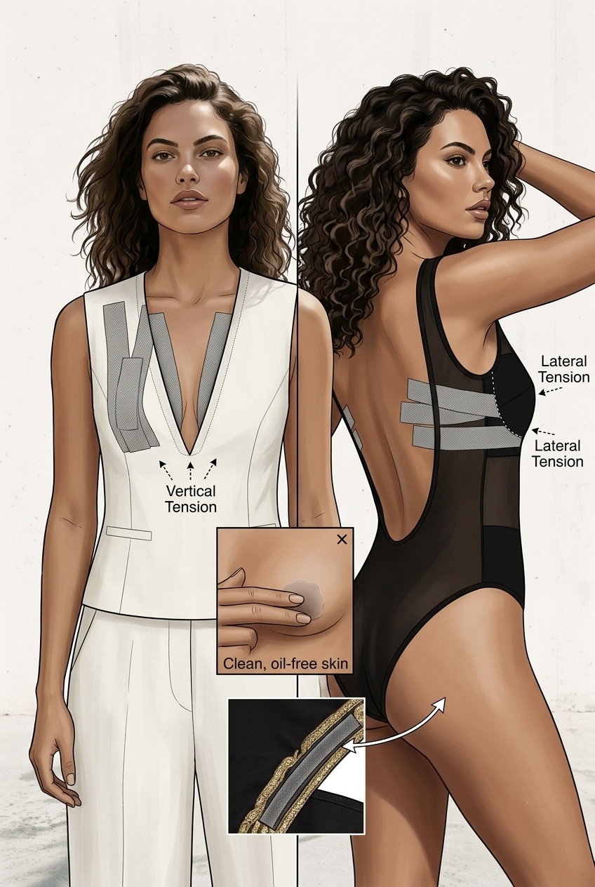Demonstration of the band-tightening bra strap cross hack underneath the ribcage to secure a strapless bra from slipping down.